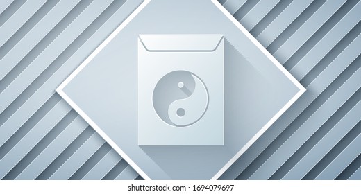 Paper cut Yin Yang and envelope icon isolated on grey background. Symbol of harmony and balance. Paper art style. Vector Illustration