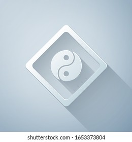 Paper cut Yin Yang symbol of harmony and balance icon isolated on grey background. Paper art style. Vector Illustration