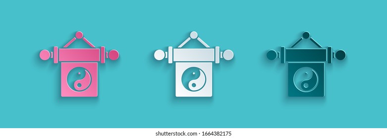 Paper cut Yin Yang symbol of harmony and balance icon isolated on blue background. Paper art style. Vector Illustration