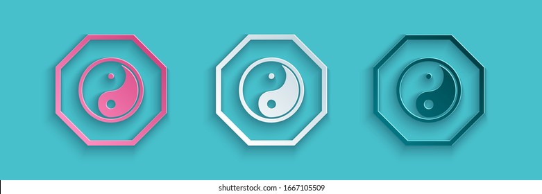 Paper cut Yin Yang symbol of harmony and balance icon isolated on blue background. Paper art style. Vector Illustration