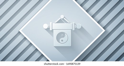 Paper cut Yin Yang symbol of harmony and balance icon isolated on grey background. Paper art style. Vector Illustration