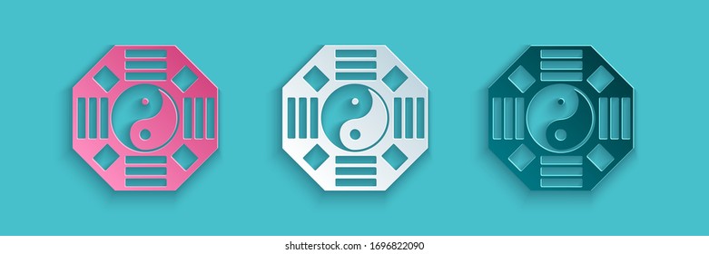 Paper cut Yin Yang symbol of harmony and balance icon isolated on blue background. Paper art style. Vector Illustration