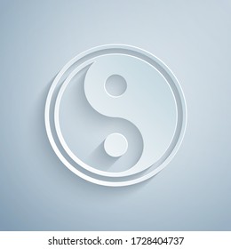 Paper cut Yin Yang symbol of harmony and balance icon isolated on grey background. Paper art style. Vector Illustration