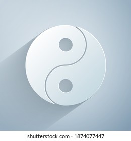 Paper cut Yin Yang symbol of harmony and balance icon isolated on grey background. Paper art style. Vector