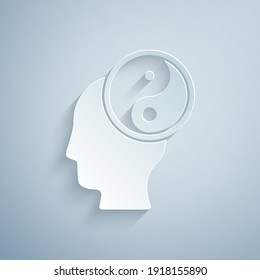 Paper cut Yin Yang symbol of harmony and balance icon isolated on grey background. Paper art style. Vector.