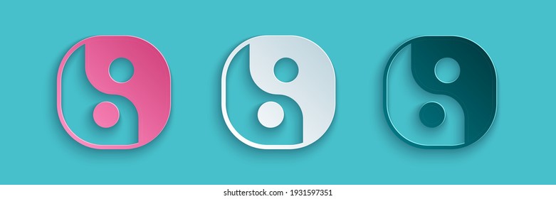 Paper cut Yin Yang symbol of harmony and balance icon isolated on blue background. Paper art style. Vector