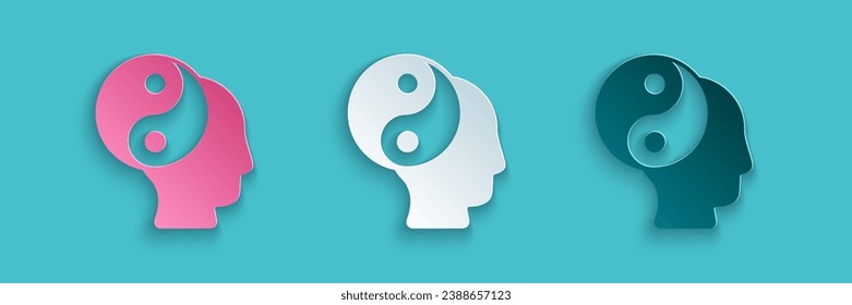Paper cut Yin Yang symbol of harmony and balance icon isolated on blue background. Paper art style. Vector