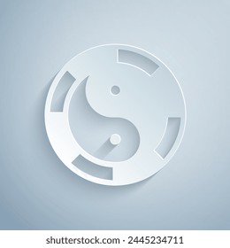 Paper cut Yin Yang symbol of harmony and balance icon isolated on grey background. Paper art style. Vector