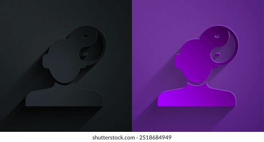 Paper cut Yin Yang symbol of harmony and balance icon isolated on black on purple background. Paper art style. Vector