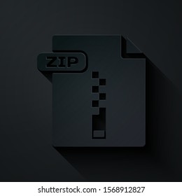 Paper cut ZIP file document. Download zip button icon isolated on black background. ZIP file symbol. Paper art style. Vector Illustration