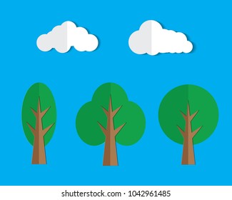 Paper cut.Green tree and clouds on a blue background