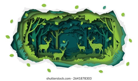 Paper Cutout Art Depicting a Forest Scene with Deer and Lush Greenery Design