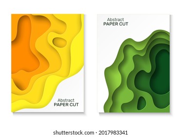 Fondo de corte de papel. Formas de corte abstractas de papel, capas curvadas coloridas con sombra. Pancarta o afiche amarillo y verde, volante o plantilla vertical de folleto. Conjunto aislado de vectores