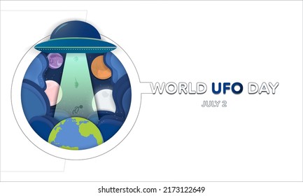 Paper cut-out banner for World UFO Day celebrated on july 2. Blue UFO abducting human and animal doodles from planet earth with space elements on background. Vector Illustration with copy space. 