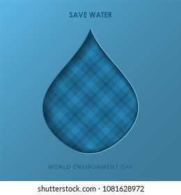 Paper cutout blue drop. World Environment Day June 5. Ecology, environment, nature protection concept. Save water. Template for banner, poster, leaflet. Vector illustration