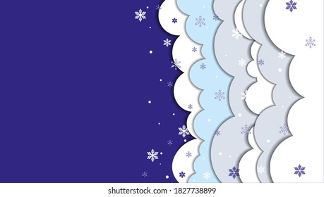 Paper cutout Christmas snowflakes. Darck blue background. Сolorful clouds. Place for text. Vector abstract cloudy sky banner. Paper cut white to blue clouds. Sky background with text placeholder