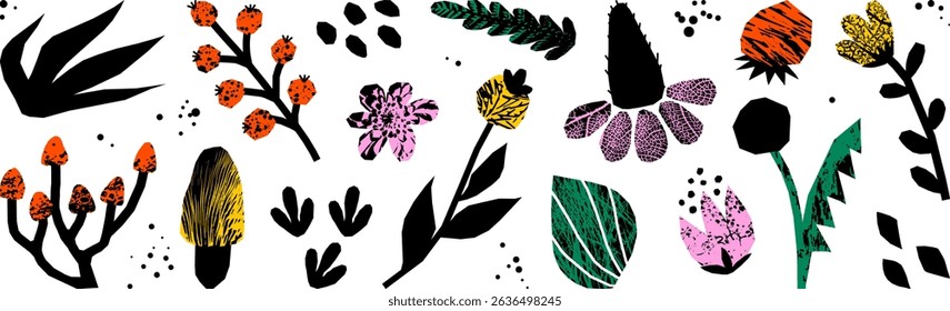 Paper cutout collage flower, berry and mushroom elements asset pack. Grunge graphic texture, childish playful aesthetics. Vector isolated elements for sticker, scrapbook, decoration.