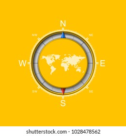 Paper Cutout compass with shade in 3d and origami style. Vector illustration. Modern brass compass isolated on yellow background
