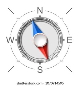 Paper Cutout compass with shade in 3d and origami style. Vector illustration. Modern brass compass isolated on white background