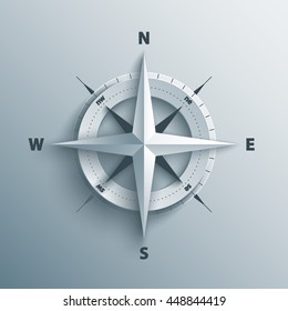 Paper Cutout compass with shade in 3d and origami style. Vector illustration.
