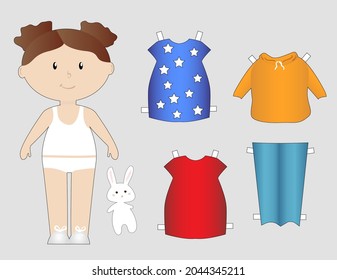Paper cutout doll with jeans and dresses, little girl, simple flat vector illustration