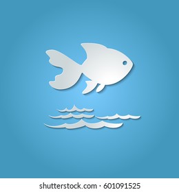 Paper cutout fish with shadow on blue background. Paper cut design. Cartoon fish swimming on wave. Applique. Logo template. Vector Illustration