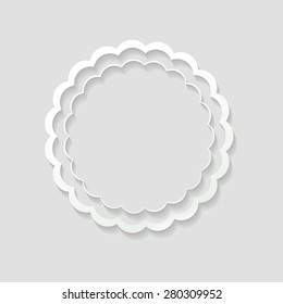 Paper cut-out frame with shadow for text or design. Delicate ornament intage banner card card for text, invitations for wedding, birthday celebration on a white background. Vector illustration.