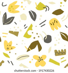 Paper cutout hand drawn floral shapes seamless pattern on white background in natural pastel colors. Abstract vector doodle geometric and botanical texture for wallpaper, textile print, gift wrap.