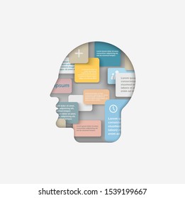 Paper cutout head profile with color paper cards and space for design. Positive thinking and stress management in psychology, technology, education or artificial intelligence concept.