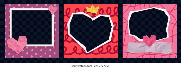 Marcos de corazón recortados de papel con Elementos de collage y textura de crayón. Fondos de scrapbook rojos y rosas románticos de Vector para el diseño de tarjeta de San Valentín con Fotos de pareja