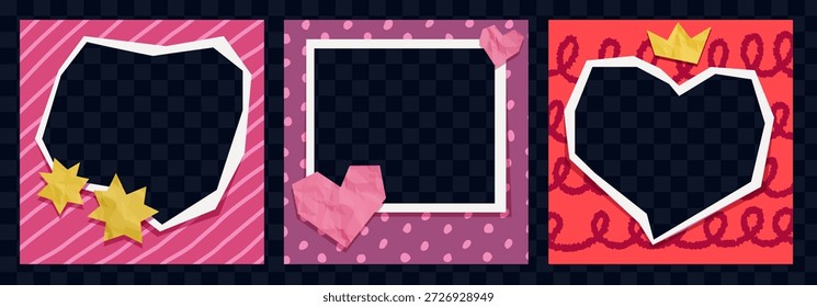 Marcos de corazón recortados de papel con Elementos de collage y textura de crayón. Fondos de scrapbook rojos y rosas románticos de Vector para el diseño de tarjeta de San Valentín con Fotos de pareja