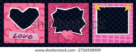Paper cut-out heart frames with collage elements and crayon texture. Vector romantic red and pink scrapbook backgrounds for Valentine’s Day card design with couple photos
