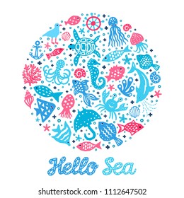 Paper cutout marine style kids design element set. Hello sea lettering inscription. Funny cartoon doodle background of fish, octopus, gull, shell, calmar, starfish, jellyfish, guitarfish illustration