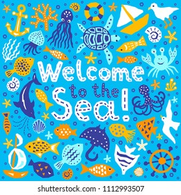 Paper cutout marine style kids design element set. Welcome to the Sea lettering phrase. Funny cartoon doodle fish, octopus, gull, shell, calmar, starfish, jellyfish, guitarfish vector illustration