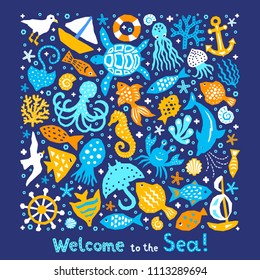 Paper cutout marine style kids design element set. Welcome to the Sea lettering phrase. Funny cartoon doodle fish, octopus, gull, shell, calmar, starfish, jellyfish, guitarfish vector illustration