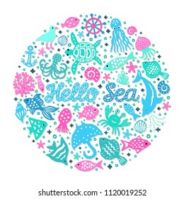 Paper cutout marine style kids design element set. Hello sea lettering inscription. Funny cartoon doodle background of fish, octopus, gull, shell, calmar, starfish, jellyfish, guitarfish illustration