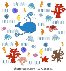 Paper cutout marine style kids design element set. Funny cartoon doodle fish, octopus, shell, calmar, starfish, jellyfish, fish vector illustration