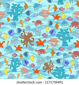 Paper cutout marine style kids design element set. Funny cartoon doodle fish, octopus, shell, calmar, starfish, jellyfish, fish vector illustration