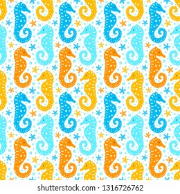 Paper cutout marine style kids design seamless pattern. Funny cartoon seahorse, starfish and bubble endless background. EPS 10 vector illustration