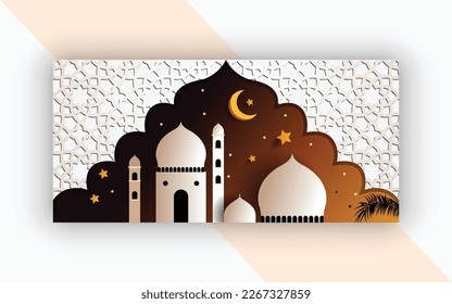 A paper cutout with a mosque and a moon and stars.