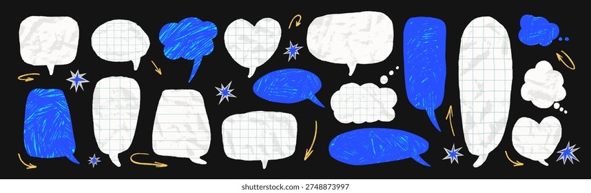 Paper cutout notebook chat bubbles. Crayon speech dialogue shapes bring comic talk effects with wrinkled paper textures. Vector blue and grid, ruled callouts for promo design set isolated on black bg.