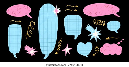 Paper cutout notebook chat bubbles. Heart, oval, rectangle shapes callout elements. Crayon speech dialogue comic talk effects with wrinkled paper texture. Vector blue, pink grid, ruled promo set.