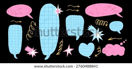 Paper cutout notebook chat bubbles. Heart, oval, rectangle shapes callout elements. Crayon speech dialogue comic talk effects with wrinkled paper texture. Vector blue, pink grid, ruled promo set.
