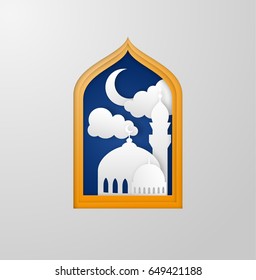 Paper Cutout Ramadan Kareem Background With Mosque Clouds And Crescent Moon In Golden Frame. Vector EPS10.