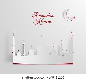 Paper cutout ramadan kareem vector background with mosque and crescent moon. EPS10