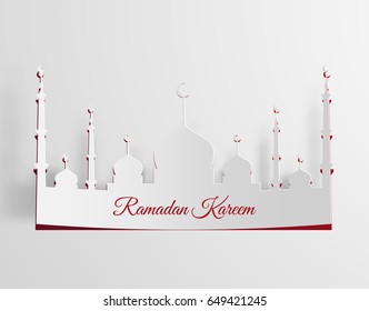 Paper cutout ramadan kareem vector background with mosque and crescent moon. EPS10