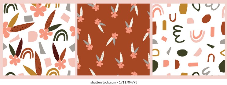 paper cutout shapes pattern background in Peach, Mustard, green and rust colors. Abstract Rainbow, geometric, floral and botanical motifs for wallpaper and textile design etc.