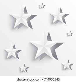 Paper cutout of star shape origami design with shadows and minimal white colors. Vector illustration of a festive geometric ornament design with stars.