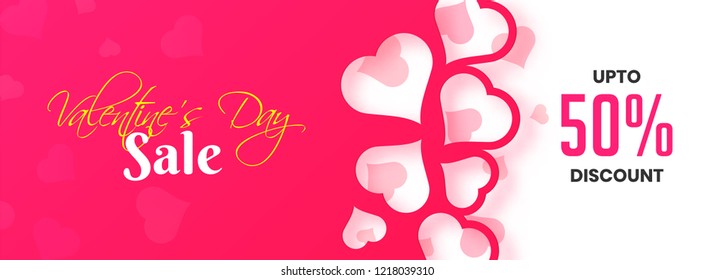 Diseño de cabecera o banner decorado al estilo de corte de papel con 50% de descuento para el concepto de anuncio de San Valentín Day Sale.