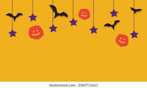 Paper cutout style party poster, pumpkins, green Amanita Muscaria, bats, purple stars, layered shadow. Vector illustration of Halloween invitation, invitation card for October 31st